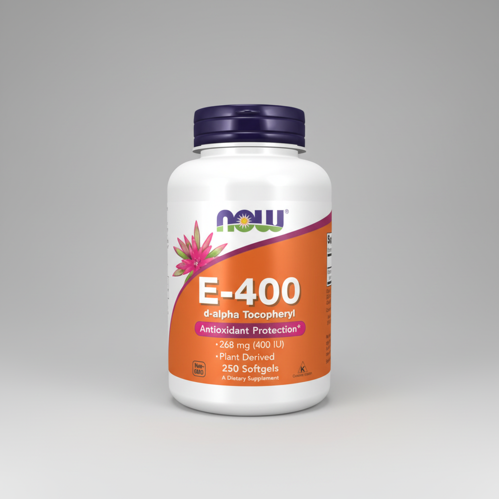 Supplement bottle labeled E-400 with NOW brand on a white background