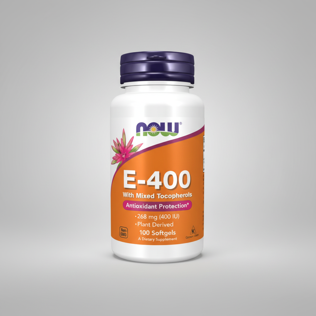 Supplement bottle labeled 'E-400' with NOW brand on a white background