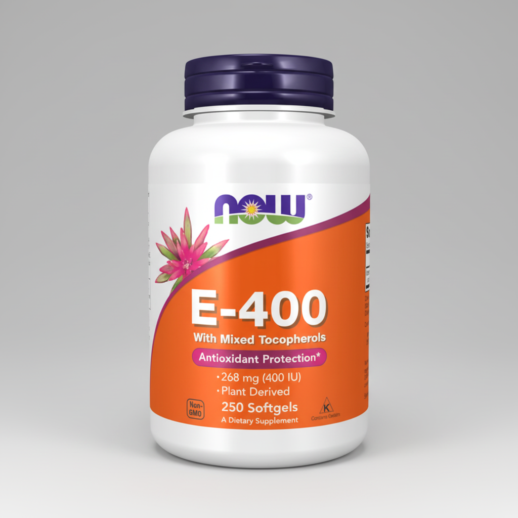 Supplement bottle labeled 'E-400' with NOW brand on a white background