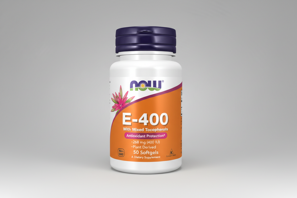 Supplement bottle labeled 'E-400' with NOW brand on a white background