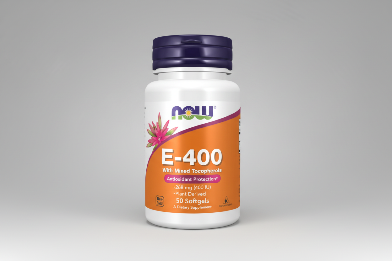 Supplement bottle labeled 'E-400' with NOW brand on a white background