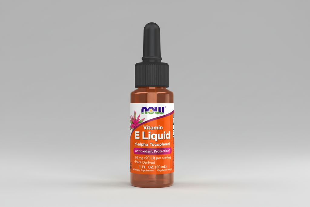 Vitamin E Liquid bottle with dropper on a white background