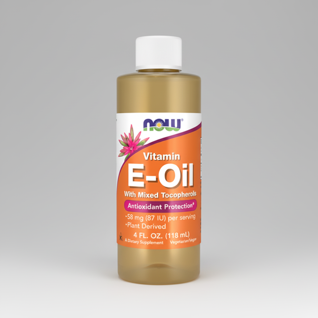 Bottle of NOW Vitamin E-Oil on a white background