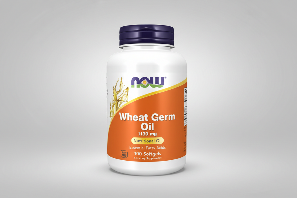 Supplement bottle labeled 'Wheat Germ Oil' by NOW on a white background