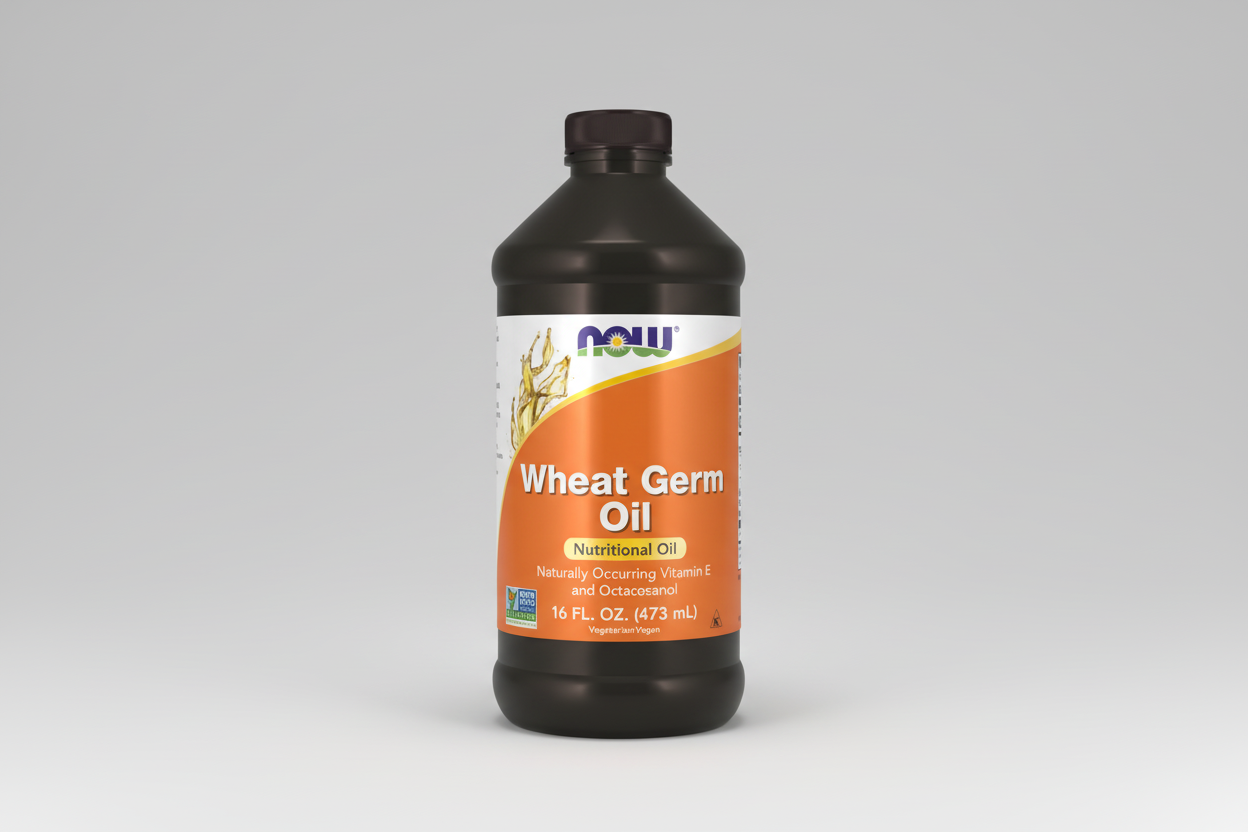 Bottle of NOW Wheat Germ Oil on a white background