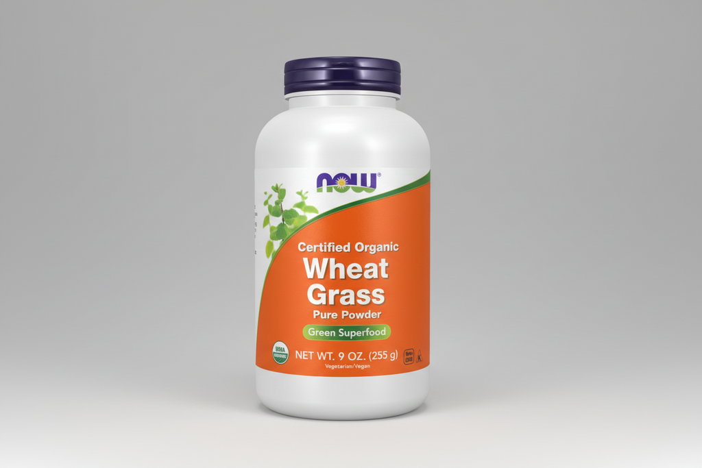 Container of NOW Certified Organic Wheat Grass Pure Powder on a white background