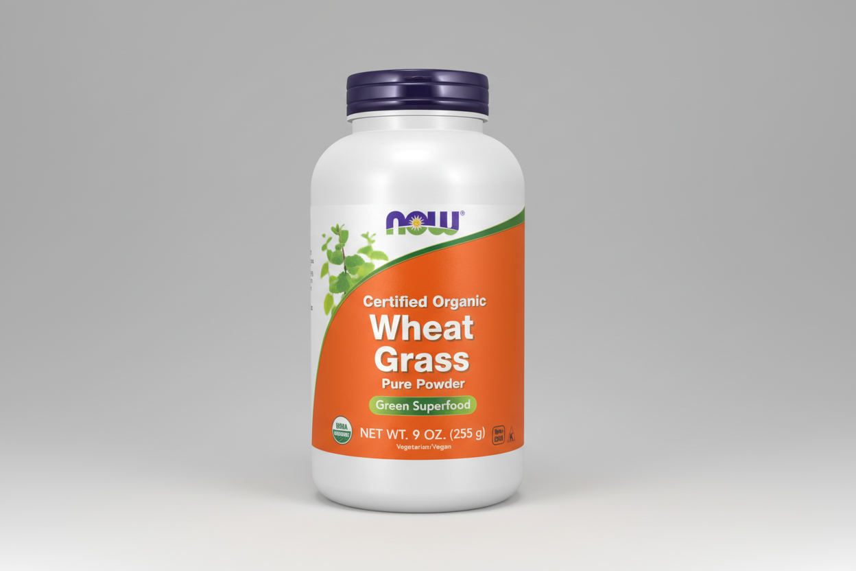 Container of NOW Certified Organic Wheat Grass Pure Powder on a white background