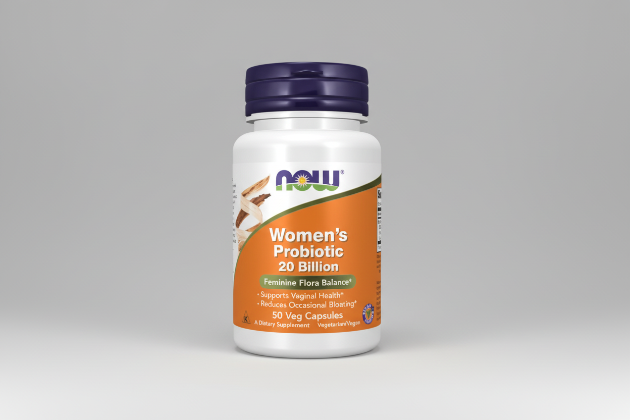 Bottle of NOW Women's Probiotic supplement on a white background