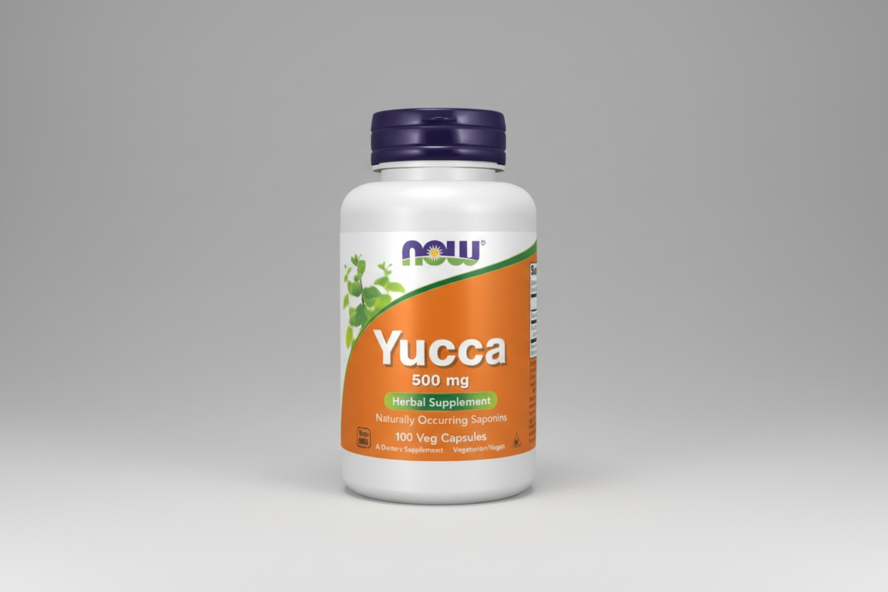 Yucca supplement bottle with NOW brand on a white background