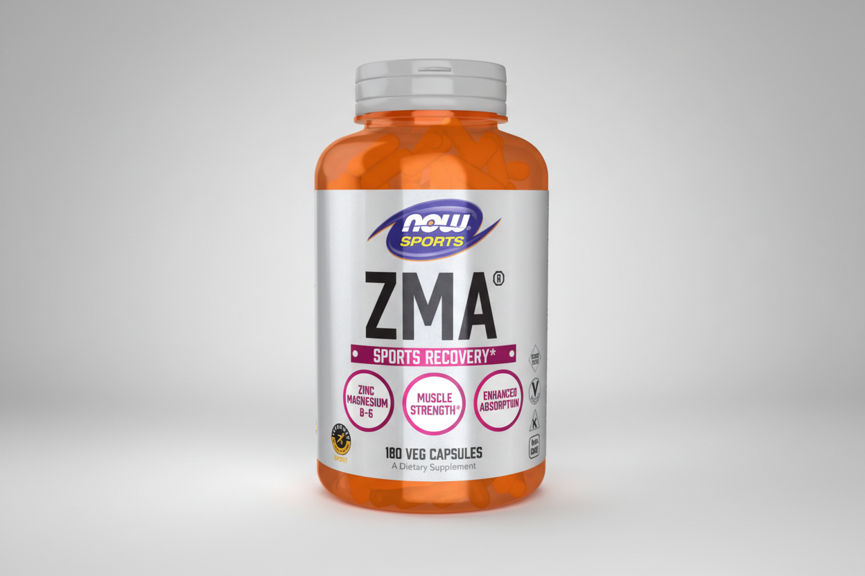 Supplement bottle labeled 'ZMA Sports Recovery' by NOW Sports on a white background