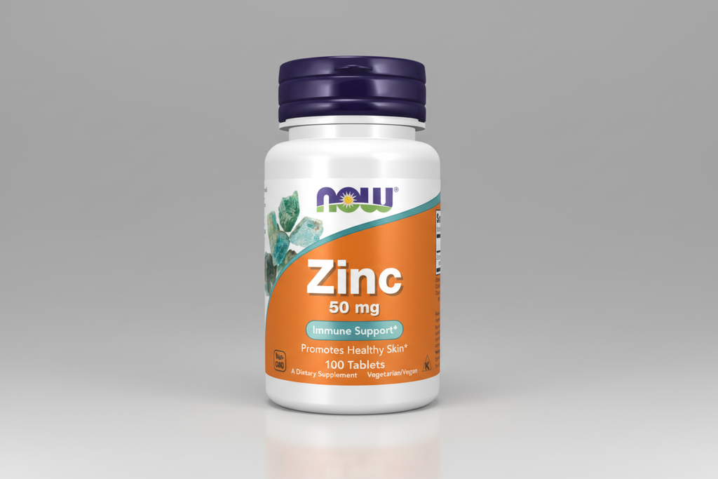 Supplement bottle labeled 'Zinc 50 mg' with Now brand on a white background