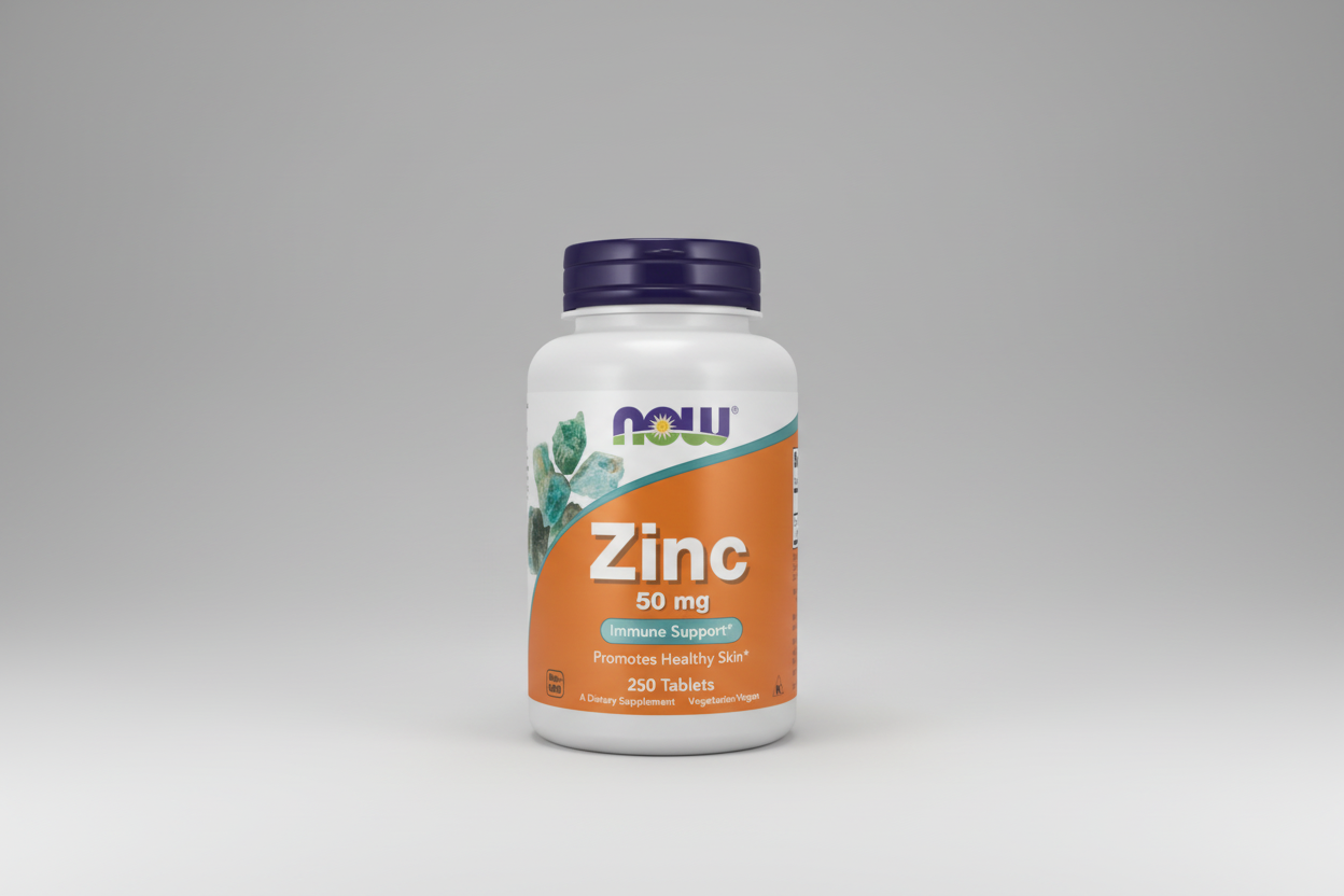 Supplement bottle labeled 'Zinc 50 mg' by NOW on a white background