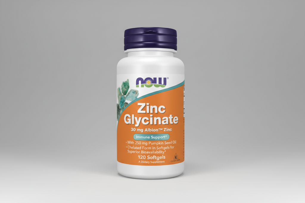 Supplement bottle labeled 'Zinc Glycinate' with Now brand on a white background
