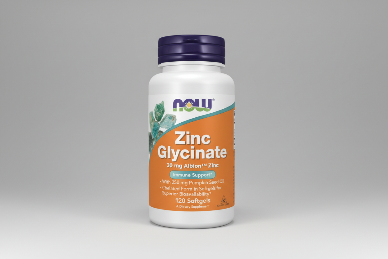 Supplement bottle labeled 'Zinc Glycinate' with Now brand on a white background