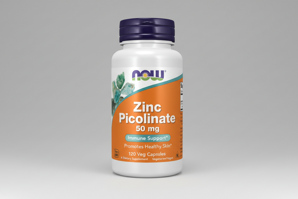 Supplement bottle labeled 'Zinc Picolinate 50 mg' with NOW brand on a white background