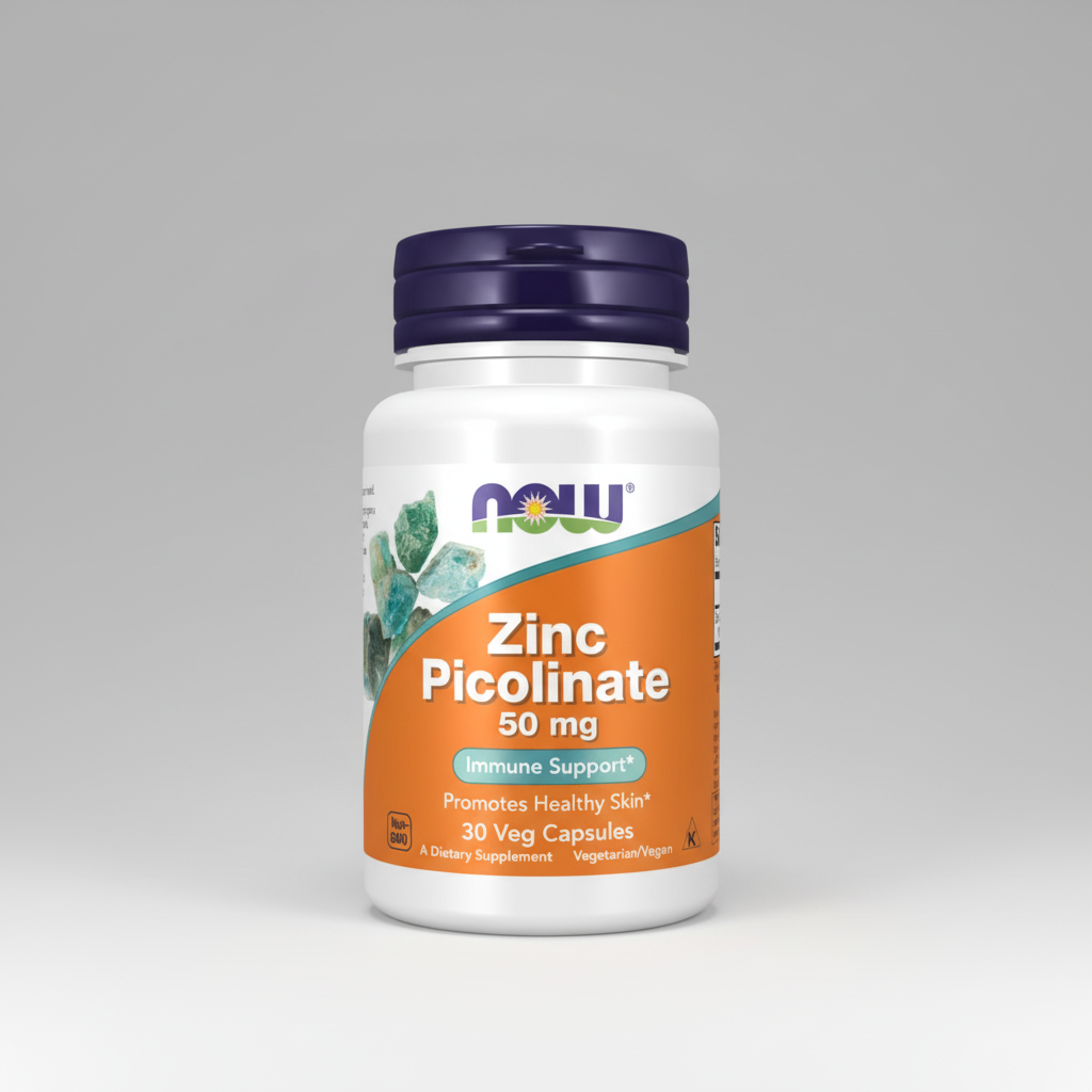 Supplement bottle labeled 'Zinc Picolinate 50 mg' by NOW on a white background