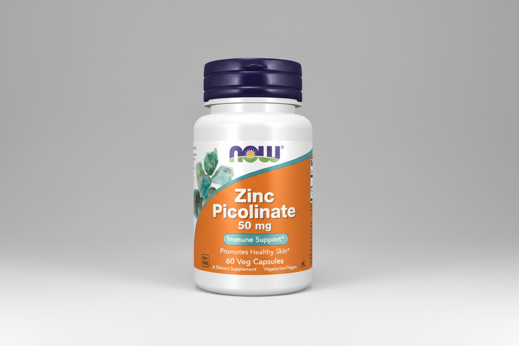 Supplement bottle labeled 'Zinc Picolinate 50 mg' with Now brand on a white background