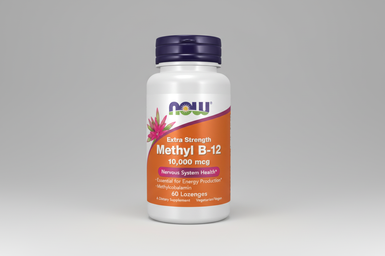 Supplement bottle labeled 'Extra Strength Methyl B-12' with NOW brand on a white background