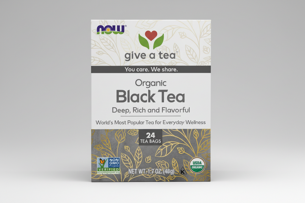 Box of NOW Organic Black Tea with branding and product details.