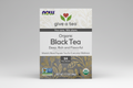 Box of NOW Organic Black Tea with branding and product details.