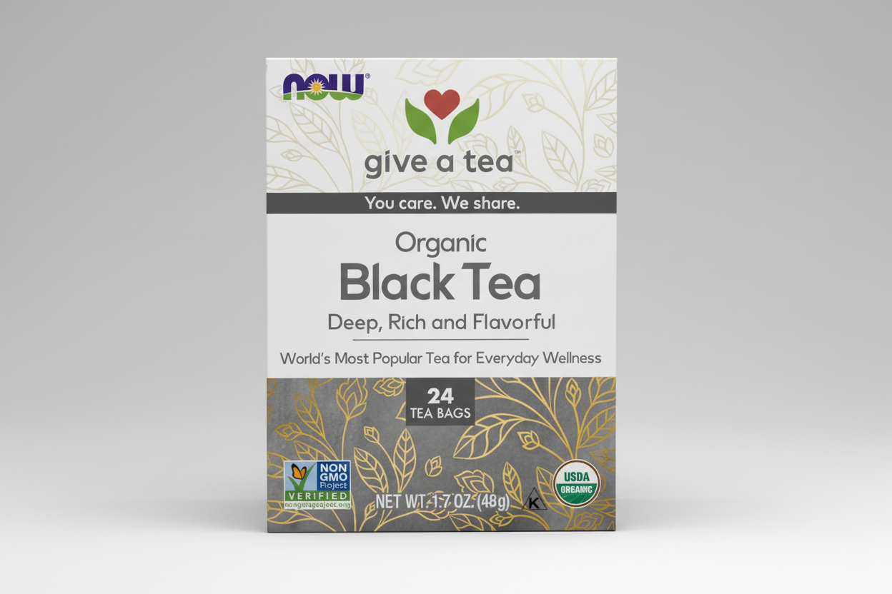 Box of NOW Organic Black Tea with branding and product details.