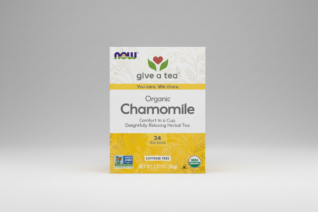 Box of NOW Organic Chamomile tea with branding and product details.