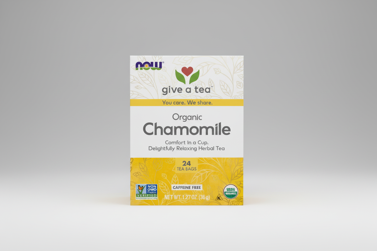 Box of NOW Organic Chamomile tea with branding and product details.