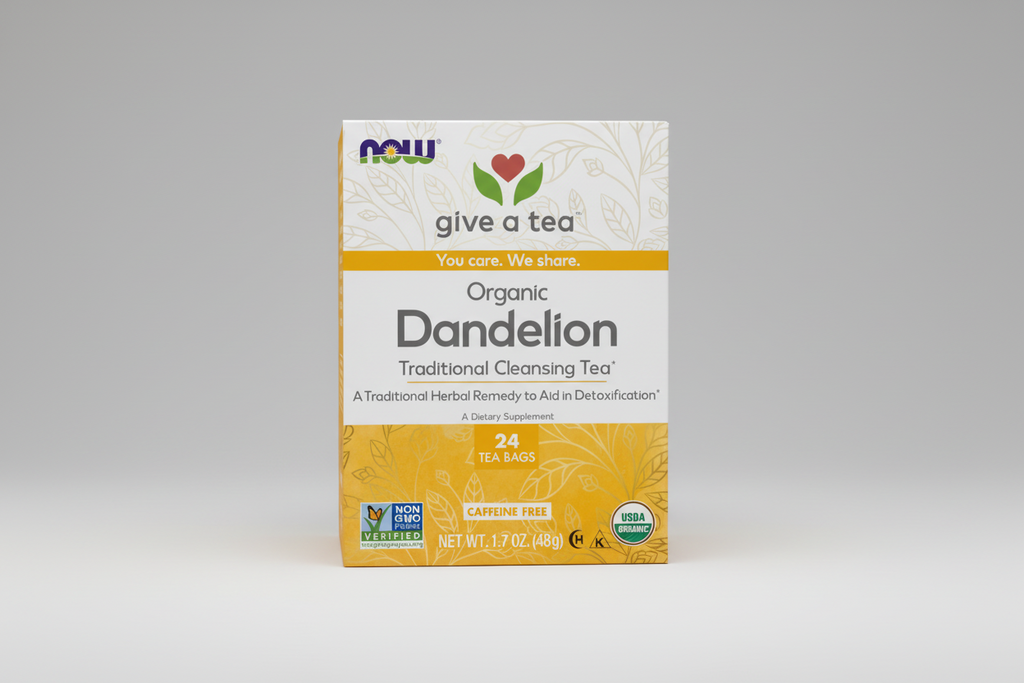 Box of NOW Organic Dandelion Traditional Cleansing Tea with branding and product details.
