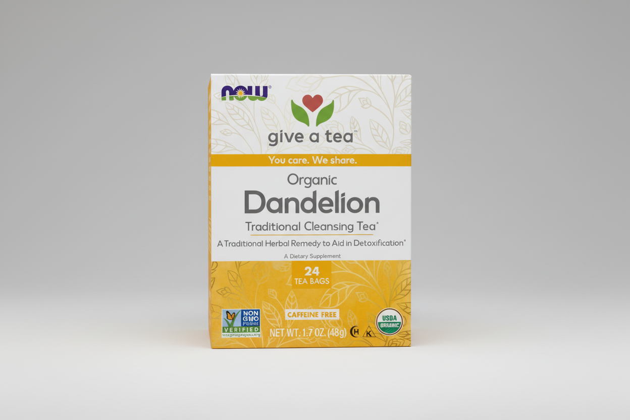 Box of NOW Organic Dandelion Traditional Cleansing Tea with branding and product details.
