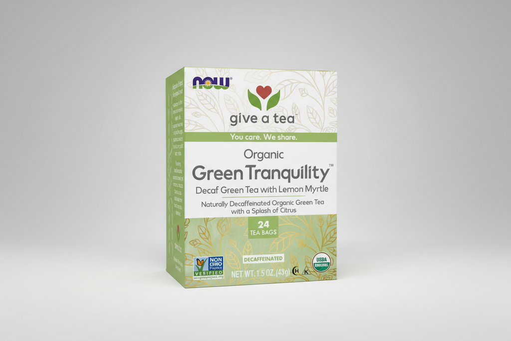 Box of Organic Green Tranquility Decaf Green Tea with Lemon Myrtle by NOW on a white background
