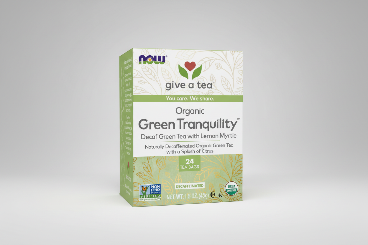 Box of Organic Green Tranquility Decaf Green Tea with Lemon Myrtle by NOW on a white background