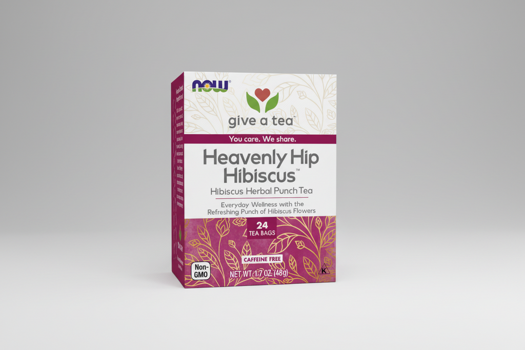 Box of Heavenly Hip Hibiscus herbal punch tea with Now brand logo