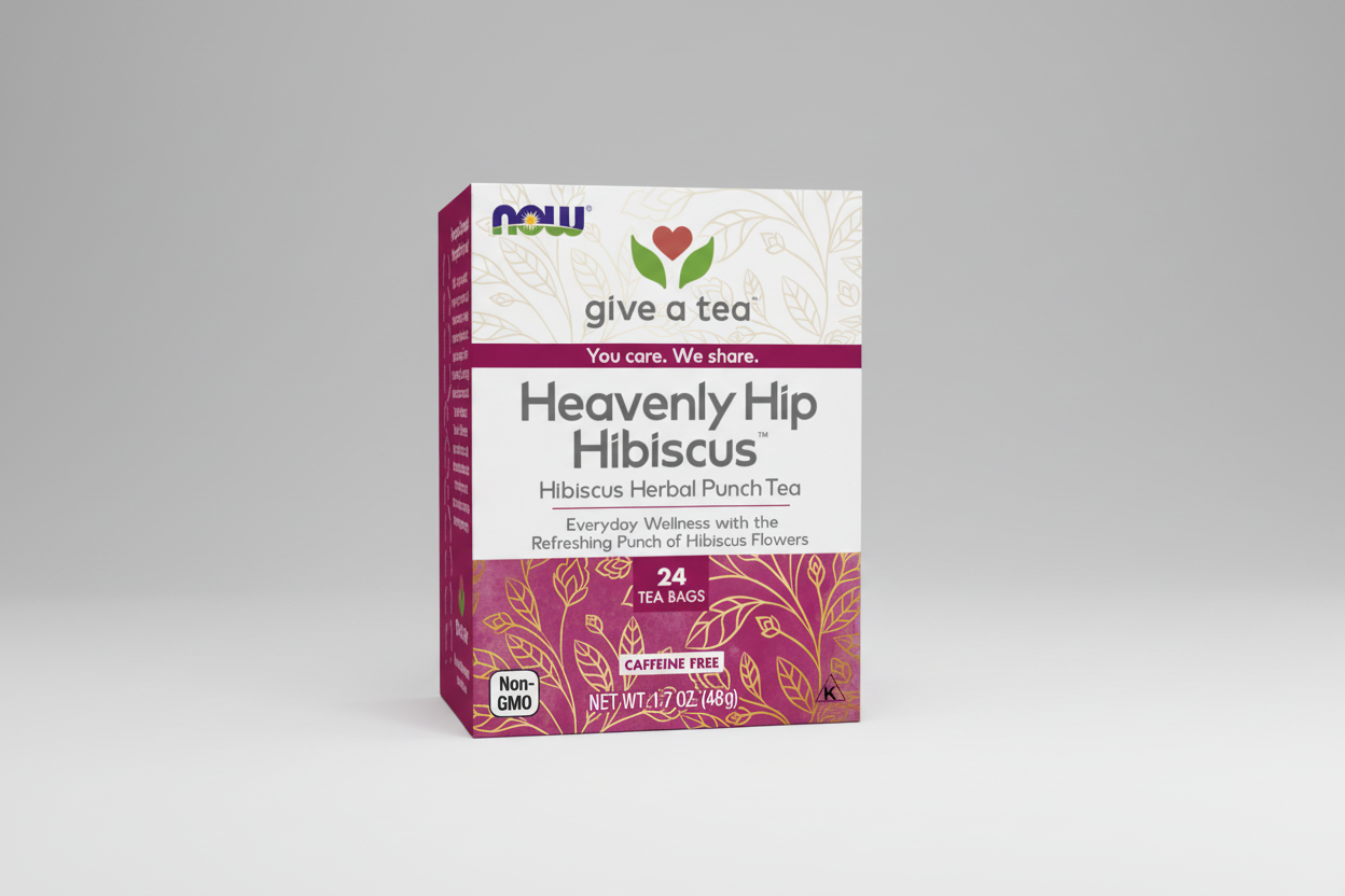 Box of Heavenly Hip Hibiscus herbal punch tea with Now brand logo