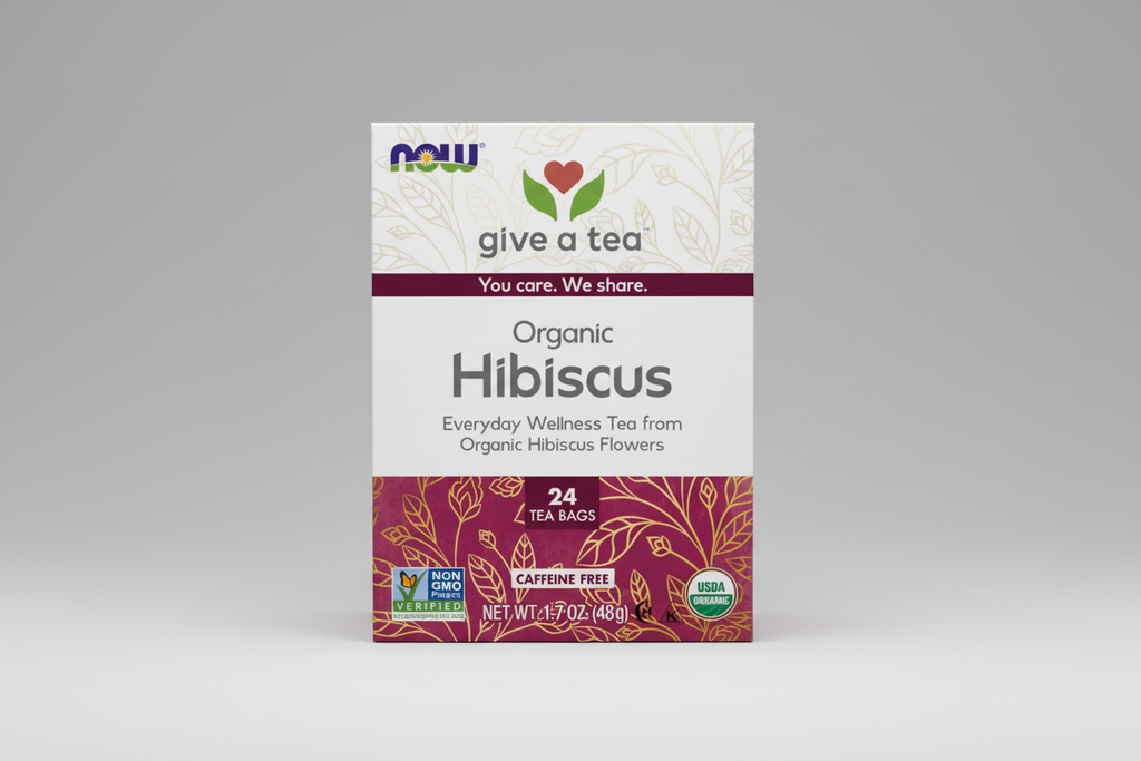 Box of NOW Organic Hibiscus Tea with branding and product details.