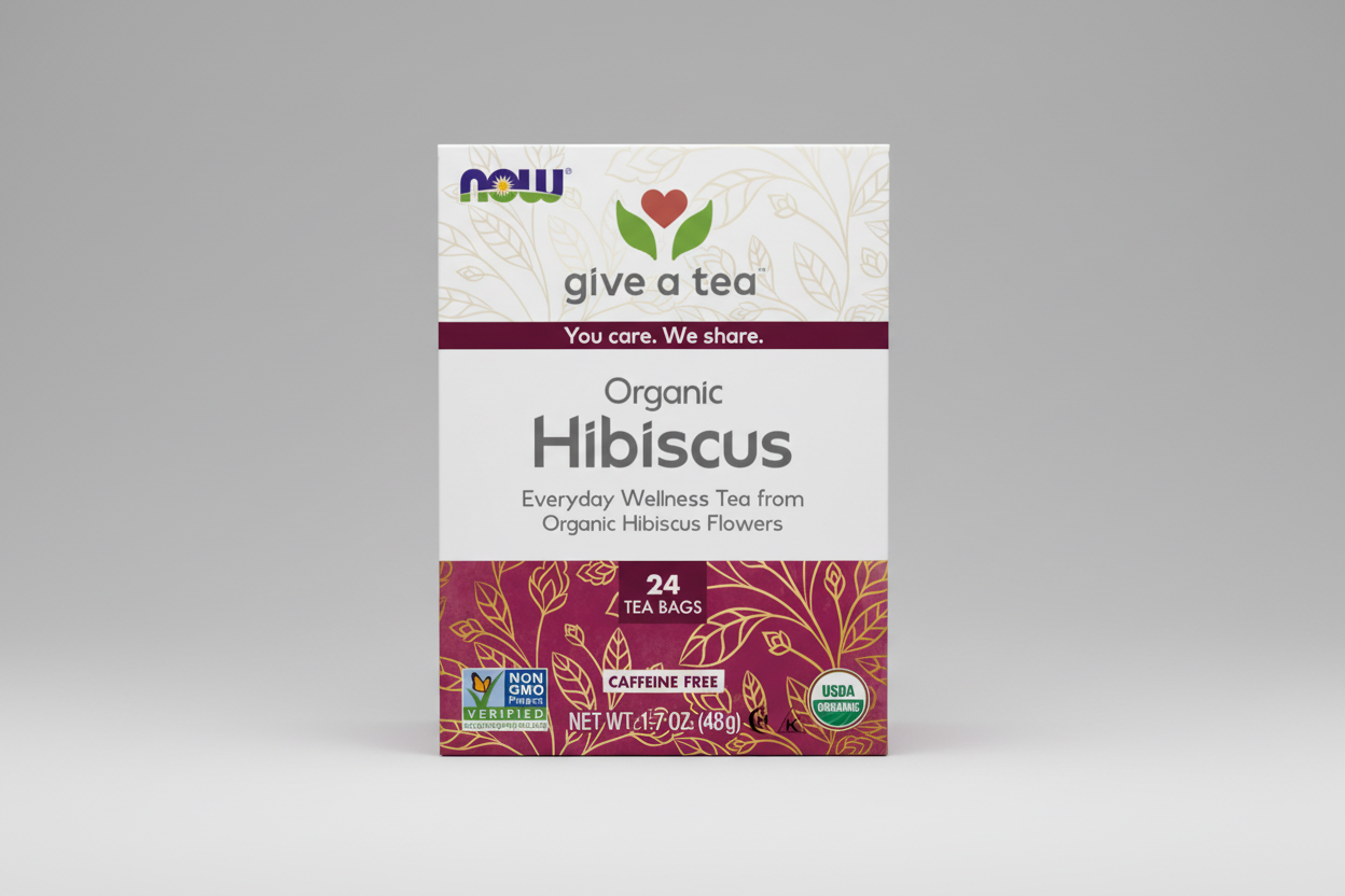 Box of NOW Organic Hibiscus Tea with branding and product details.