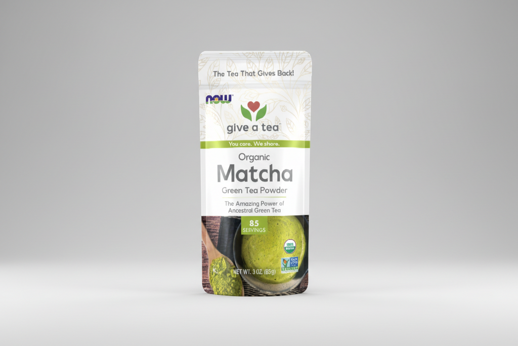 Package of NOW Organic Matcha Green Tea Powder with a wooden spoon and bowl of matcha.