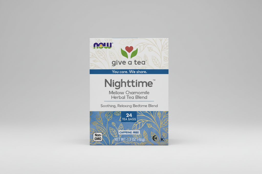 Box of Now Foods Nighttime Mellow Chamomile Herbal Tea Blend with branding and product details.