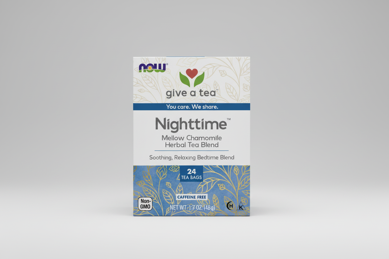 Box of Now Foods Nighttime Mellow Chamomile Herbal Tea Blend with branding and product details.