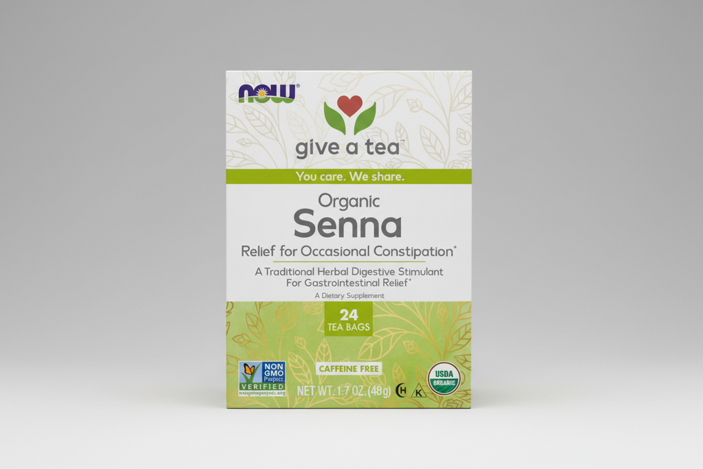 Box of NOW Organic Senna tea bags for occasional constipation relief