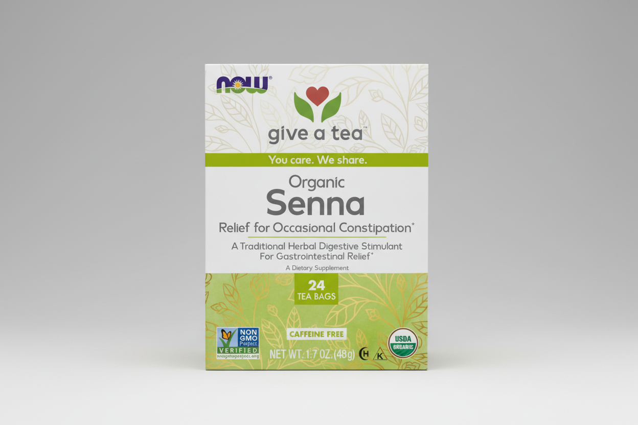 Box of NOW Organic Senna tea bags for occasional constipation relief