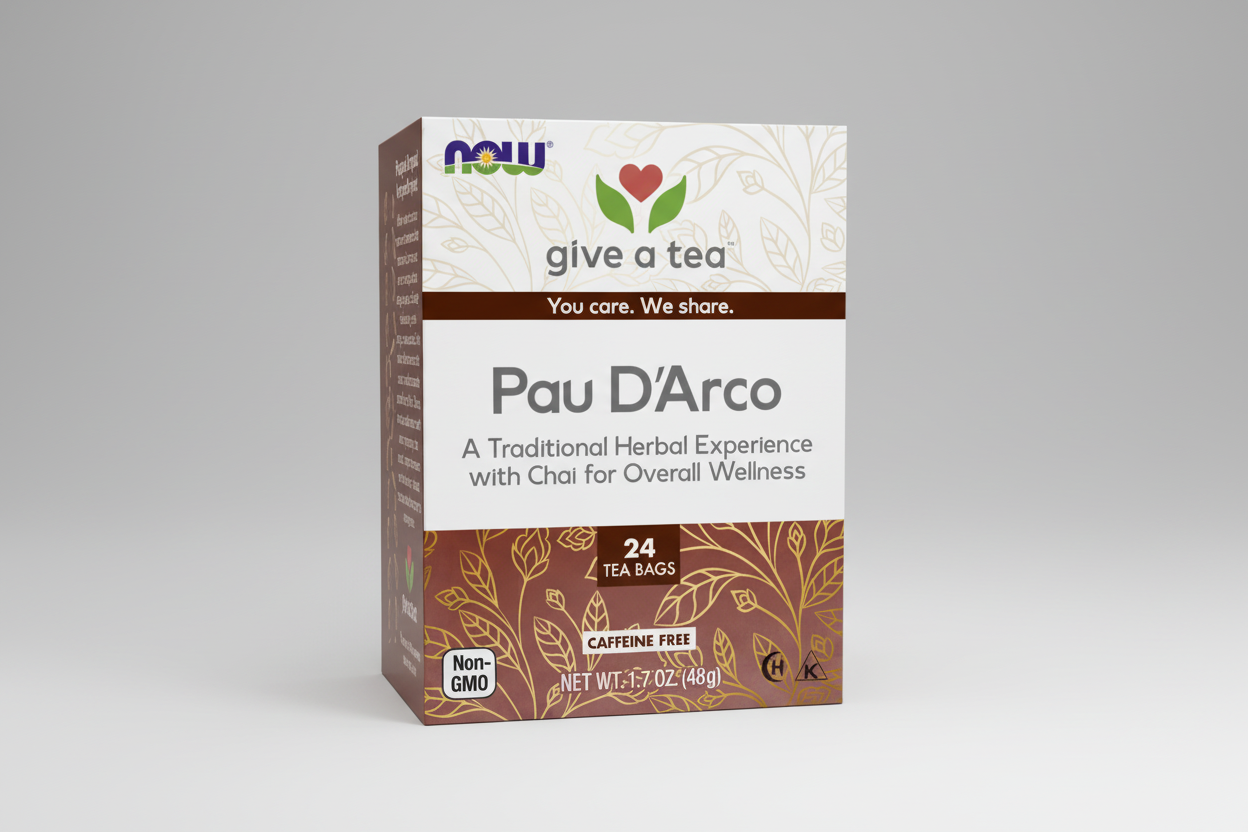 Box of Pau D'Arco tea bags with Now brand logo on a white background