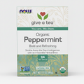 Box of NOW Organic Peppermint tea with branding and product details.