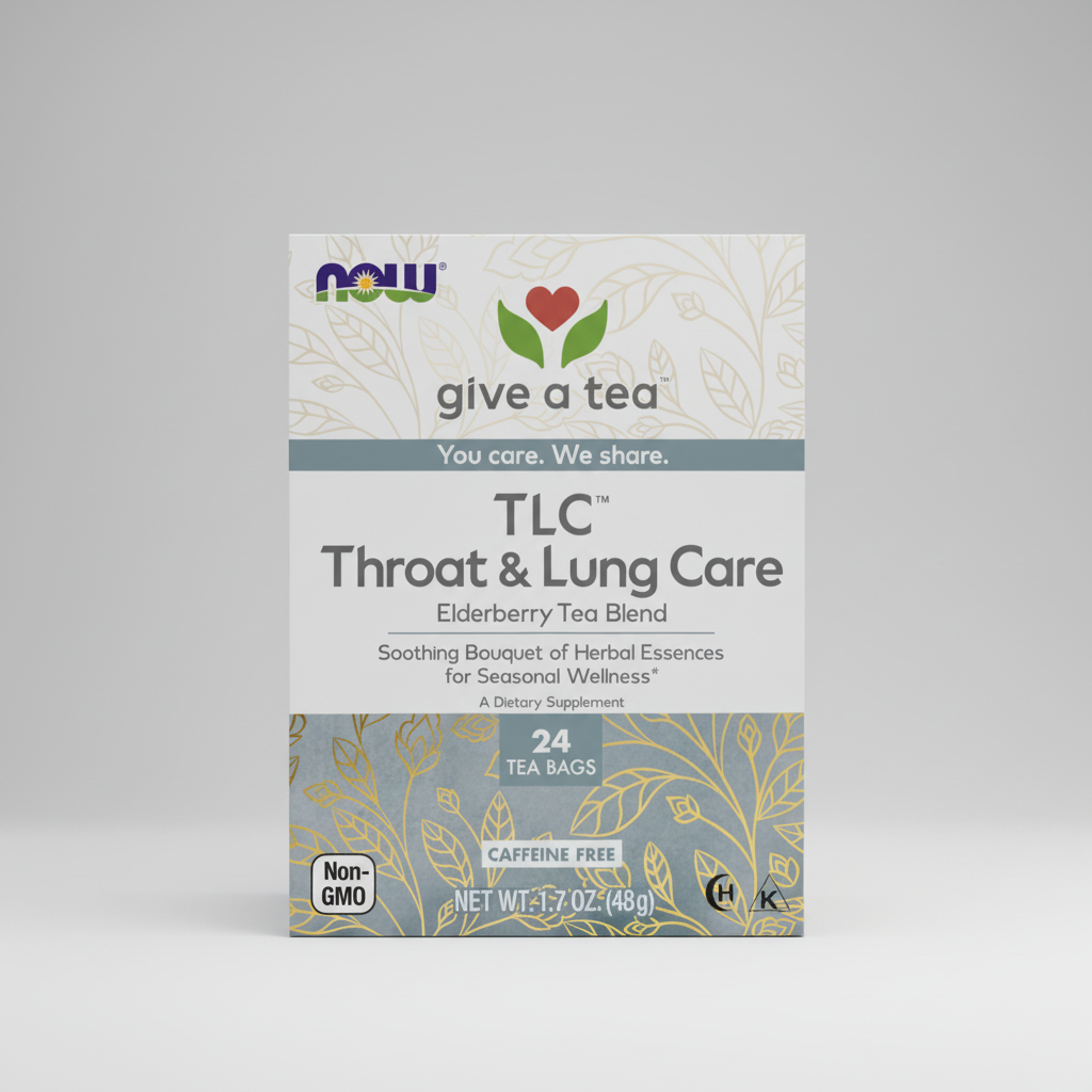 Box of TLC Throat & Lung Care Elderberry Tea Blend by NOW on a white background