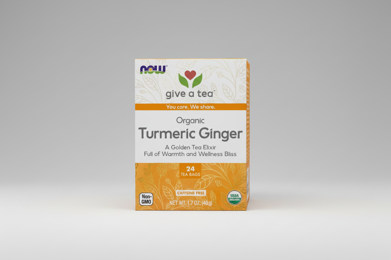 Box of Now Organic Turmeric Ginger tea with branding and product details.