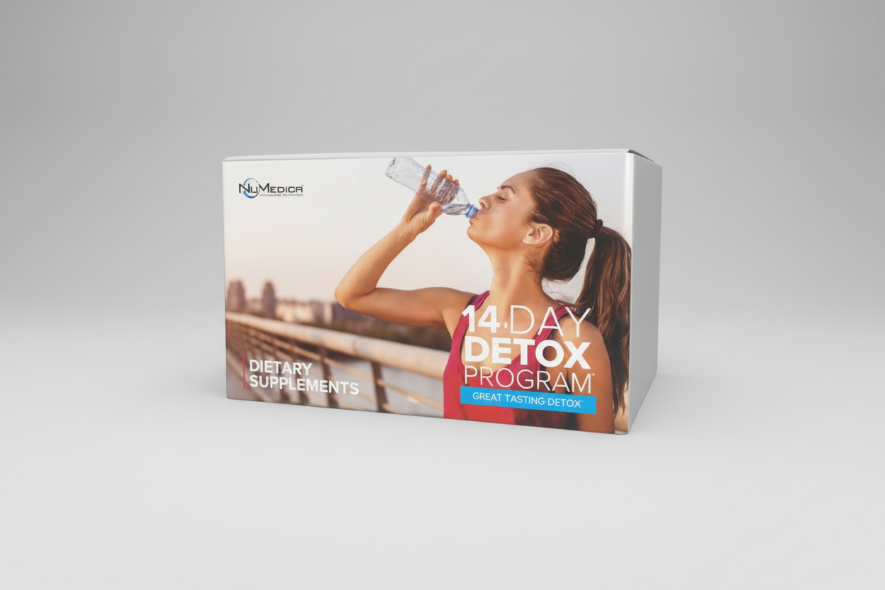 NuMedica 14-Day Detox Program packaging with a woman drinking water.