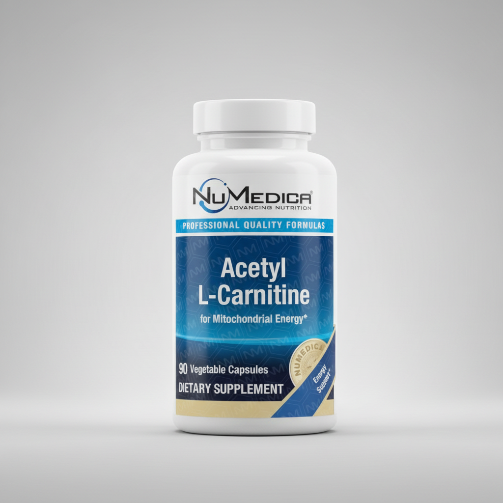 NuMedica Acetyl L-Carnitine supplement label with text and branding.
