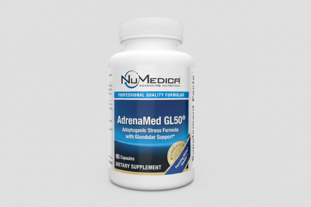 NuMedica AdrenaMed GL50 dietary supplement bottle on a white background