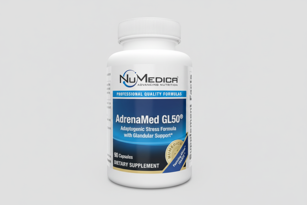 NuMedica AdrenaMed GL50 dietary supplement bottle on a white background