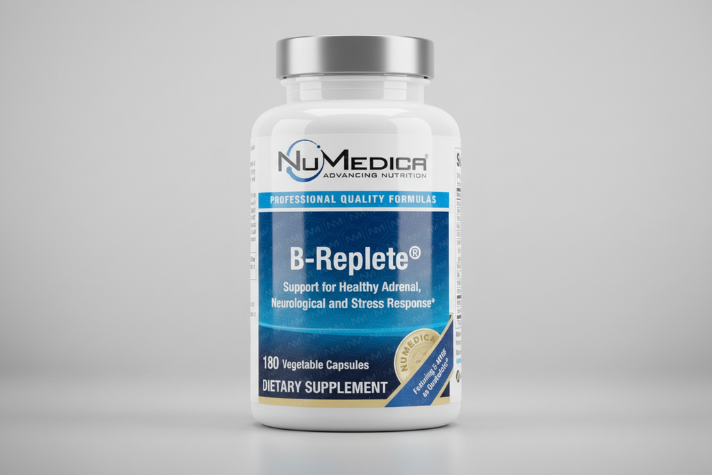 NuMedica B-Replete supplement packaging with label and supplement facts.