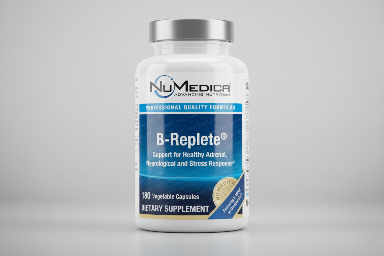NuMedica B-Replete supplement packaging with label and supplement facts.